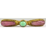 Chinese tourmaline, jadeite and silver gilt brooch Featuring (2) elongated pink tourmaline