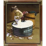 Frank Ryan (American, 20th entury), Baby in a Bubble Bath Basin, oil on canvas, signed lower