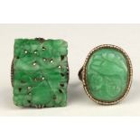 (Lot of 2) Jadeite, imitation pearl, sterling silver and silver rings Including (1) carved and