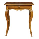 French Louis XV walnut writing table, having a rectangular top, above a single drawer, and rising on