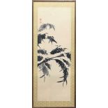 Japanese panel of sumi-e, ink on paper, depicting tree branches and leaves, with artist seals,