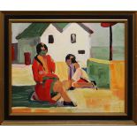 Untitled (Two Women in Sunshine), oil on canvas, unsigned, 20th century, overall (with frame): 20.