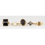 (Lot of 5) Multi-stone, diamond and yellow gold rings Including 1) diamond, black onyx and 14k