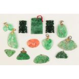 (Lot of 13) Jade and coral items Including 1) carved and pierced coral flower plaque, measuring