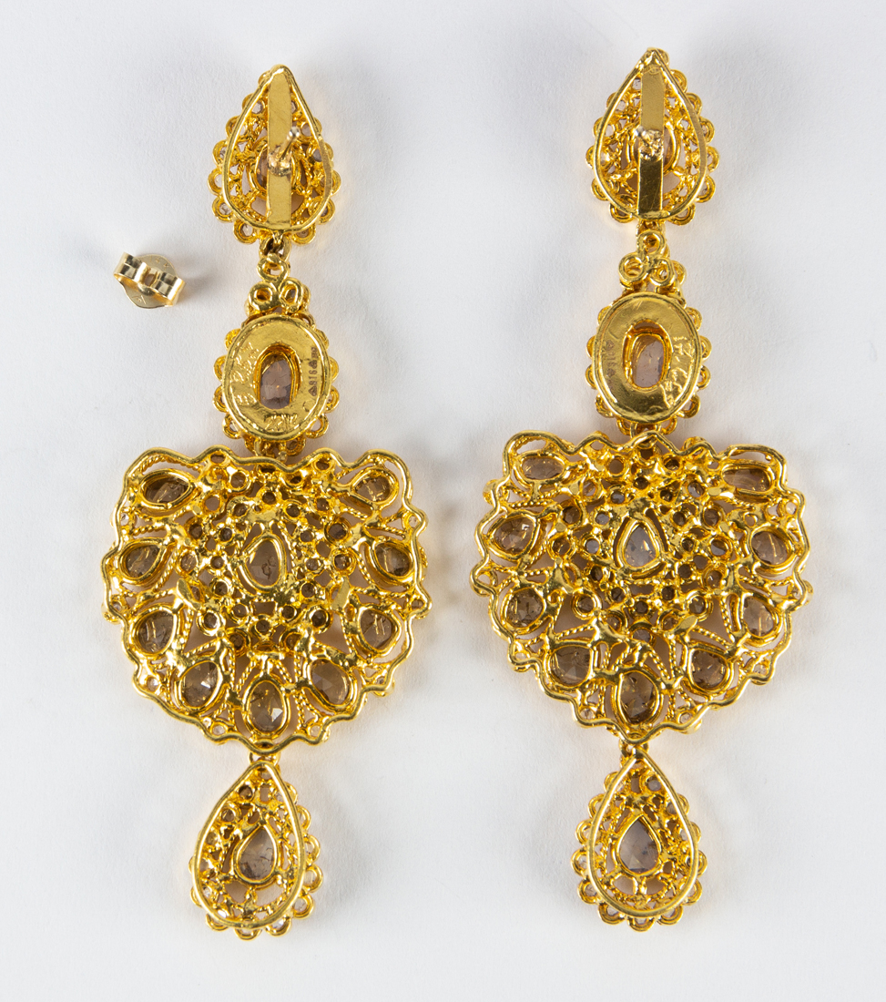 Pair of diamond, 22k and 14k yellow gold ear-pendants Featuring (184) rose-cut diamonds, set in an - Image 2 of 3