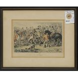 (lot of 3) British School (19th century), "A Day with Puffington's Hounds," hand colored etching,