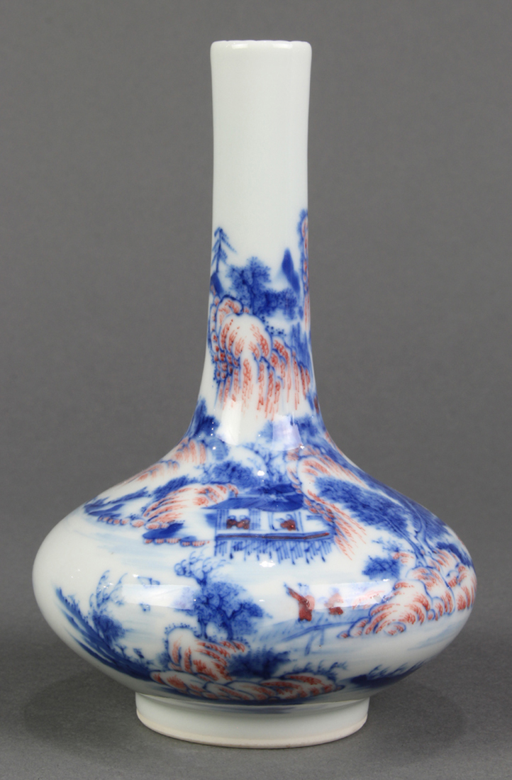 Chinese underglaze blue and red small porcelain vase, of stickneck form, decorated with figures in a