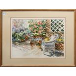 Sally Bookman (American, 20th century), Garden Terrace Scene, watercolor, signed lower right,