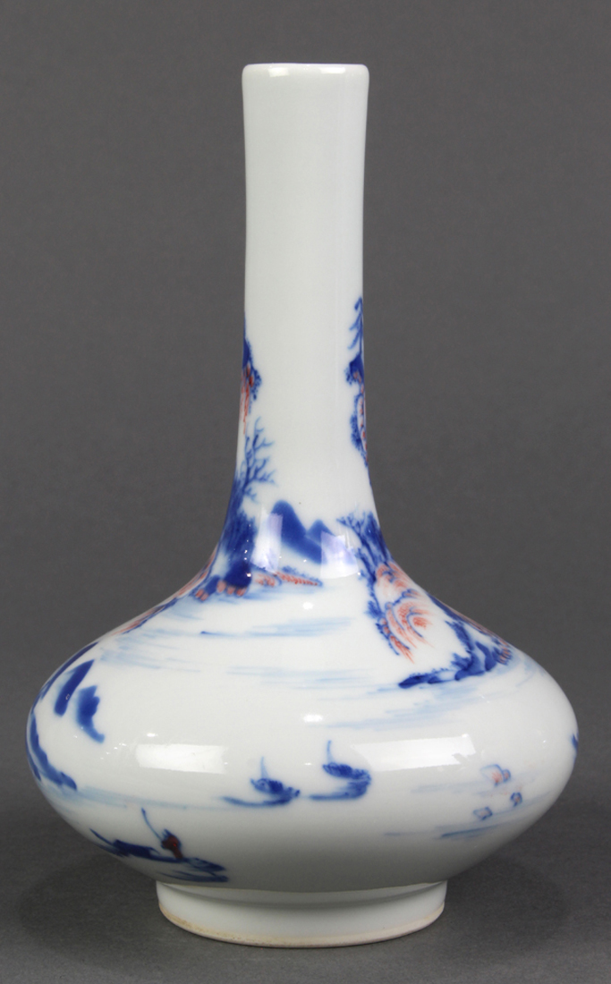 Chinese underglaze blue and red small porcelain vase, of stickneck form, decorated with figures in a - Image 3 of 5