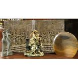 (lot of 5) Assorted decorative items: including a stone plaque of yellow and taupe colored matrix;