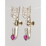 Pair of ruby, diamond and platinum, 14k white gold arrow earrings Designed as arrows, featuring (