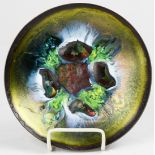 Mid Century copper and enamel plate, centered with abstract geometric designs in red and green,