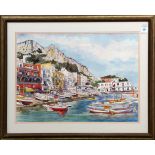 Frieda Tesler (American, 20th century), Coastal Town, watercolor, signed lower left, overall (with