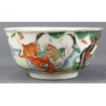 Chinese enameled porcelain bowl, featuring Hehe Erxian seated on a garden terrace, interior well