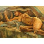Adele Pruitt (American, b.1922), "Slumber," oil on canvas, signed lower left, canvas: 36"h x 48"w,