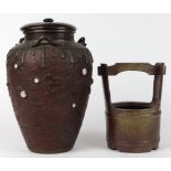 (lot of 2) Japanese large lidded jar of copper alloy with wooden lid, ovoid body with molded dragons