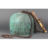 Japanese large Buddhist temple bell with iron chain, with a wooden striker, inscribed with the