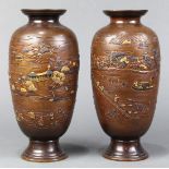 (lot of 2) Pair of Japanese bronze vases, Meiji period, having a short rim above an ovoid body,