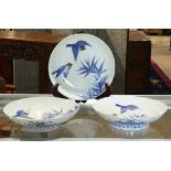 (lot of 3) Japanese Nabeshima blue-and-white porcelain plates, Edo period, depicting a pair of