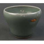 Chinese celadon glazed beaker, molded with unglazed fish on the wide shoulder above the tapering