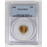 United States 1883 Indian Princess gold dollar, type 3, PCGS grade of MS63