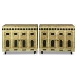 Pair of Piero Fornasetti style eggshell and lacquer cabinets, each having a rectangular top above