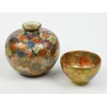(lot of 2) Japanese Kyo-Satsuma ware of floral motifs in gilt and color: a vase, short neck above
