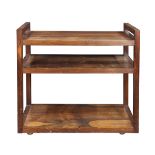 Modern rosewood bar cart, having a rectangular top flanked by handles, above two lower tiers, and