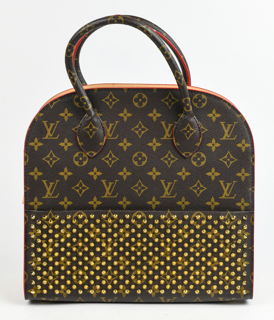 Louis Vuitton style handbag, executed in brown monogram coated canvas and red calf hair with gold