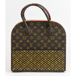 Louis Vuitton style handbag, executed in brown monogram coated canvas and red calf hair with