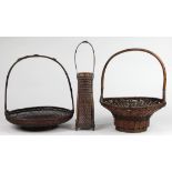 (lot of 3) Japanese bamboo ikebana baskets, one of tall splayed form with rectangular bottom and