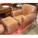 (lot of 2) Art Deco style leather club chair with leather ottoman, each having brass nail head trim,