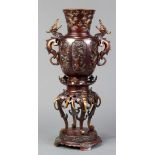 Japanese bronze two-part vase, with flared neck above the ovoid body, molded birds and flowers in