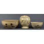 (lot of 3) Vietnamese white glazed vessels with brown inlay, Tran dynasty (13th-14th c),