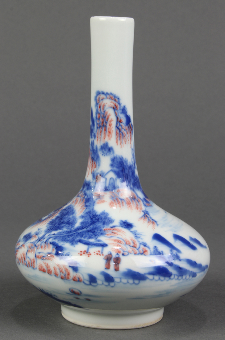 Chinese underglaze blue and red small porcelain vase, of stickneck form, decorated with figures in a - Image 2 of 5