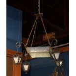 French Country chandelier Filagree Fer Forgé metal frame, with four textured glass shades,