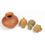 Precolumbian style artifacts, consisting of three busts, and an olla, largest: 6"h