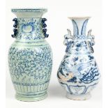 (lot of 2) Chinese underglaze blue porcelain vases: first, of phoenix and qilin below mock loose