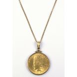 US $10 gold coin, 18k yellow gold and gold-filled pendant-necklace Featuring (1) US $10 Indian Head,
