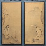 (lot of 2) Japanese Kano school, ink on paper, 18th century, one with a scholar standing by a willow