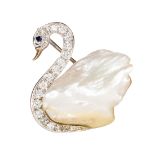 Cultured pearl, sapphire, diamond, 14k yellow and white gold swan brooch Designed as a swan, it's