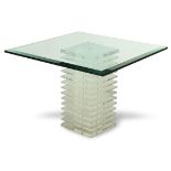 Hollywood Regency style occasional table, having a beveled plate glass top, above an acrylic base