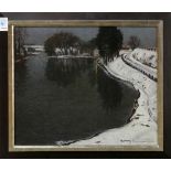 Russian School (20th century), River Snow Scene at Night, oil on canvas, signed indistinctly (B.