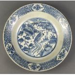 Chinese underglaze blue porcelain plate, Ming dynasty, the well with birds amid peonies and