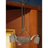 French Art Deco chandelier the center bowl continuing to three arms with frosted glass shades, the