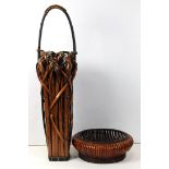 Japanese large ikebana bamboo basket, tall cylindrical form with handle, 28.5"h (body), 40.5"h (with