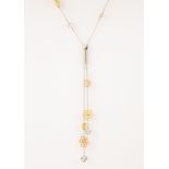 Diamond, 18k tri-color flower necklace Featuring (4) heart-shaped diamonds, weighing a total of