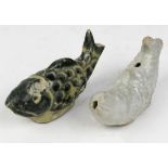 (lot of 2) Chinese ceramic water droppers, each of fish form, one with underglaze blue decoration