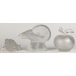 (lot of 3) Lalique France crystal group, consisting of an apple form perfume bottle having a frosted
