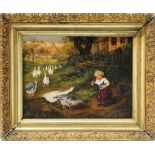 Girl Feeding Geese, 1886, oil on canvas, signed "K. M. Burgess" and dated lower left, overall (